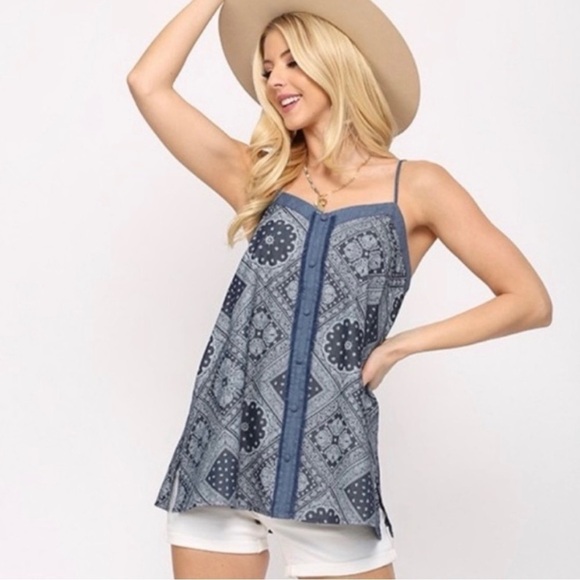 GiGiO USA Pattern Print Chambray Cotton Covered Button Tank S - Picture 3 of 7